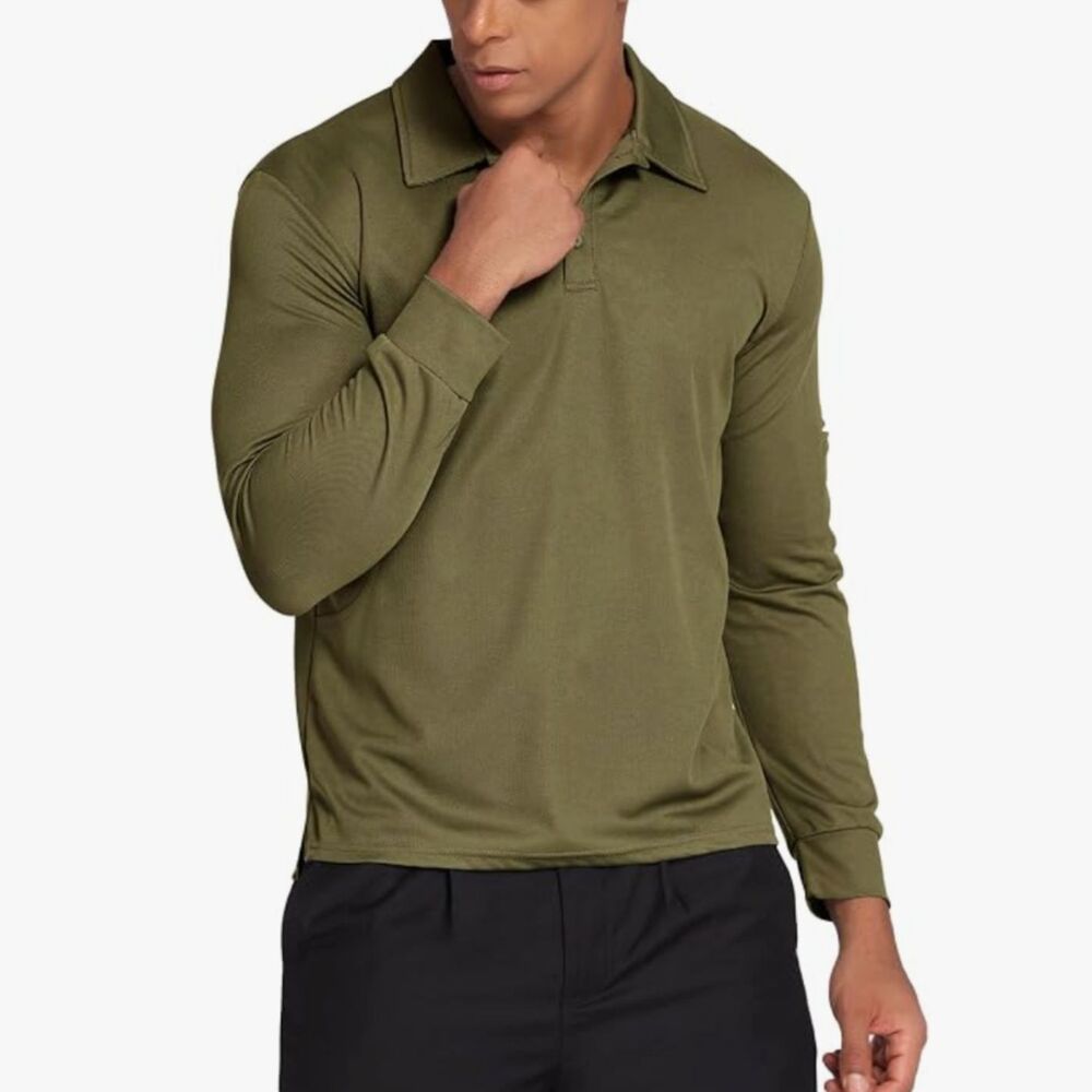 Men Deyeek Polo Shirts Long Sleeve Golf Polo Collared Shirts Olive Green 3XL